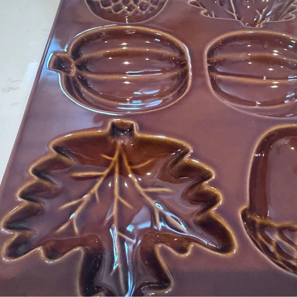 Crate & Barrel Glazed Ceramic Fall Muffin Pan Acorn, Pumpkin and Leaf Shapes New